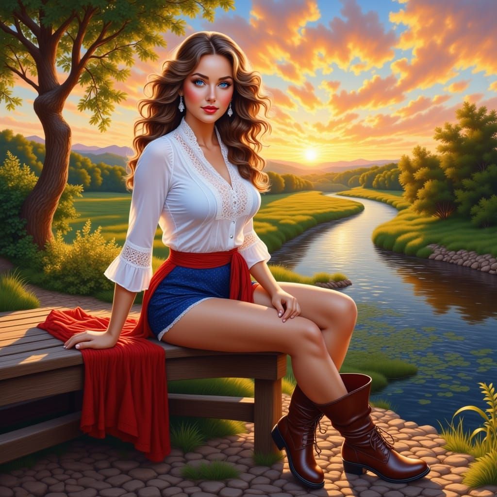 Woman on Bench in Countryside Landscape Oil Painting