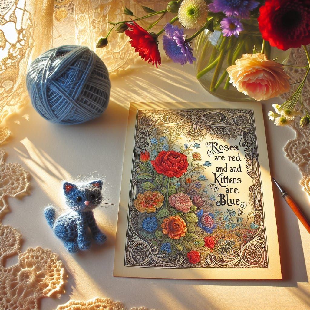 Vintage Greeting Card with Flowers and Kitten