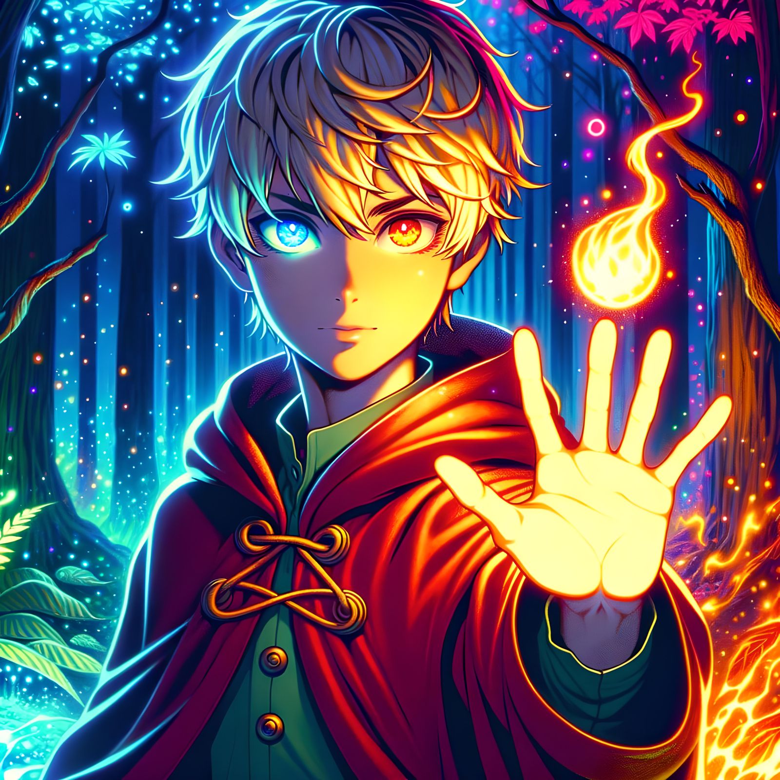 Anime Fire Wizard in Fluorescent Rainforest