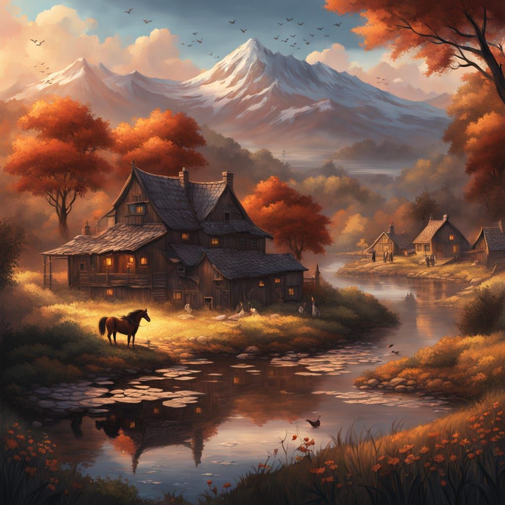 Beautiful Village Sunrise Concept Art with Horses and Hens