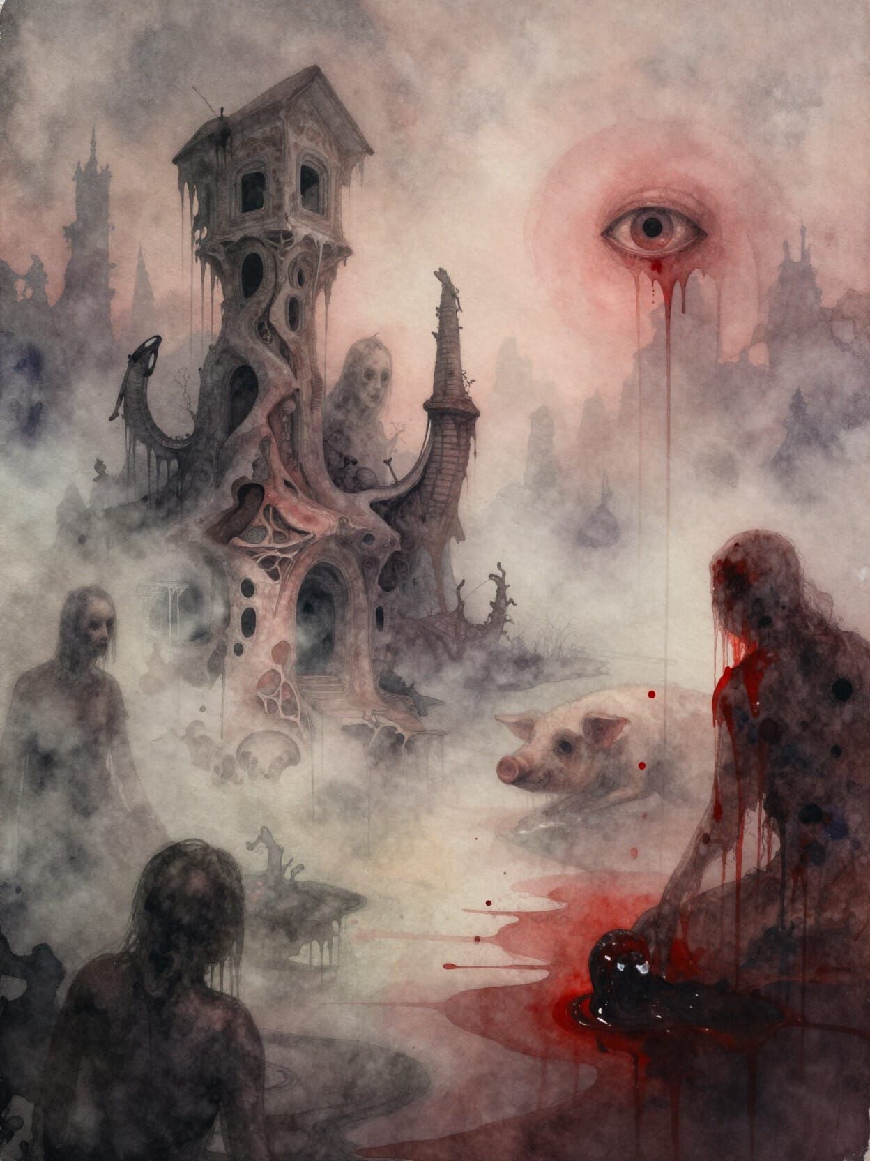 Surreal Nightmare Scene in Bleeding Watercolour Style