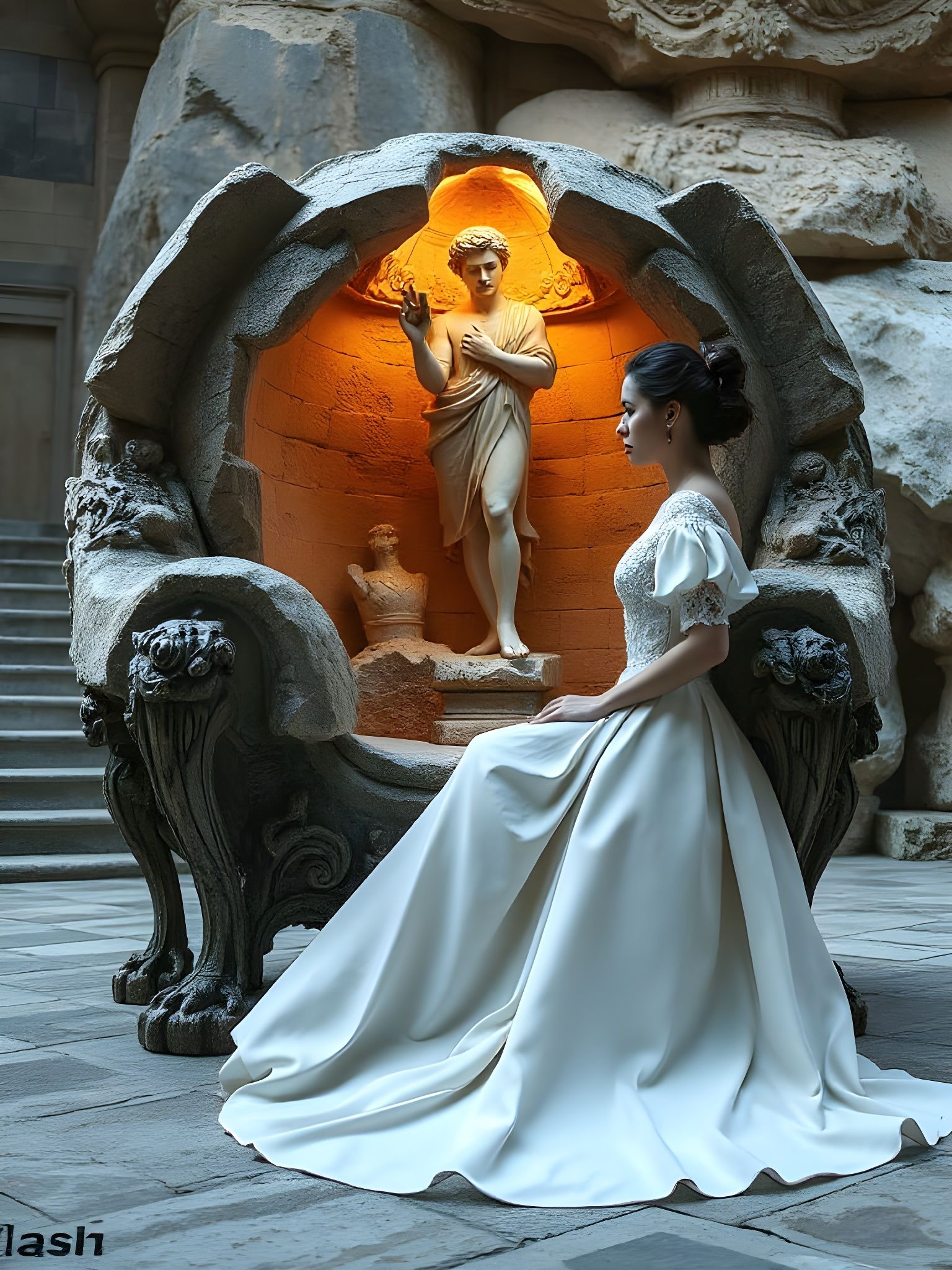 Surreal Moonlit Beach Scene with Emerging Statue