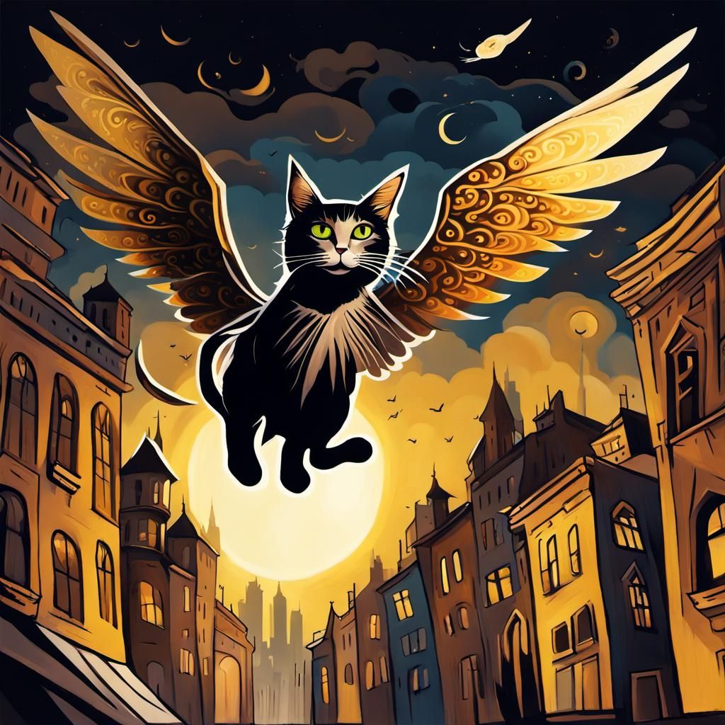 Cat Flies at Night: Expressionist Mixed Media Art