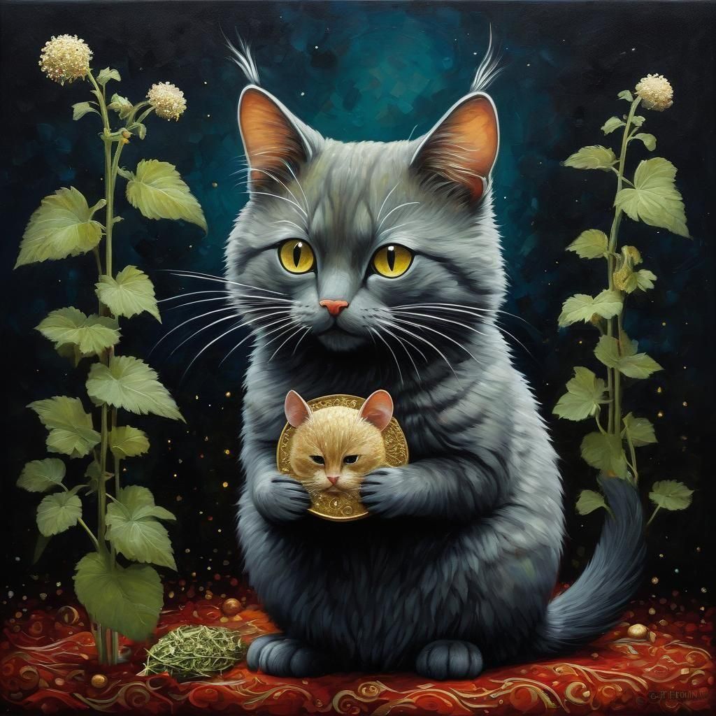 Cat with Mouse: Oil Painting in Klimt Style