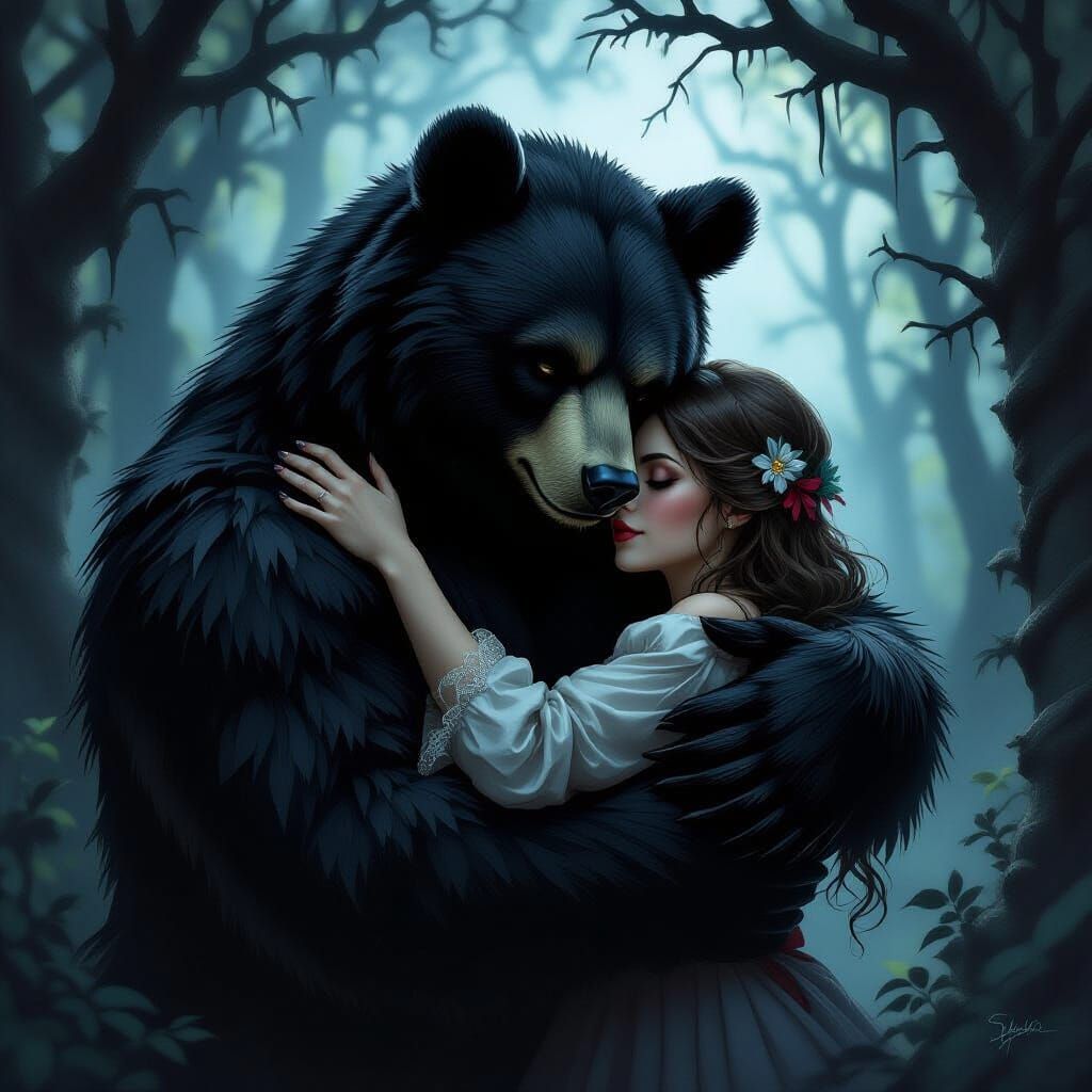 Anthropomorphic Bear Embraces Woman in Gothic Fantasy Style