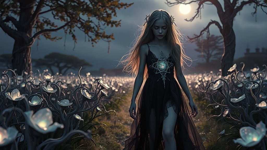 Ethereal Spirit Girl in Moonlit Crystal Field