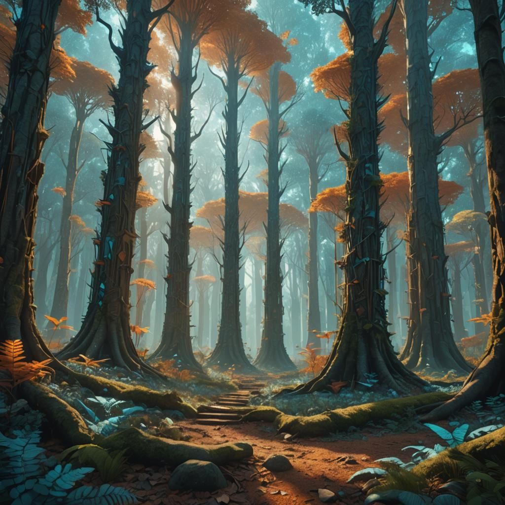 Mystical Forest with Towering Blue Spike Leaf Trees