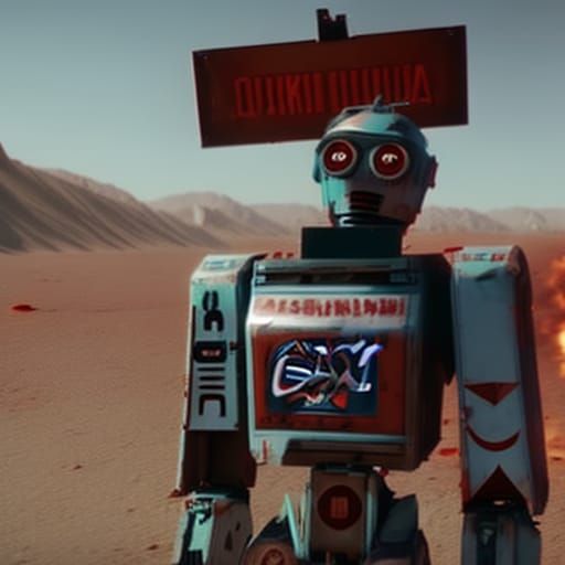 Dystopian Robot in Desert Holding Nuka Cola Sign