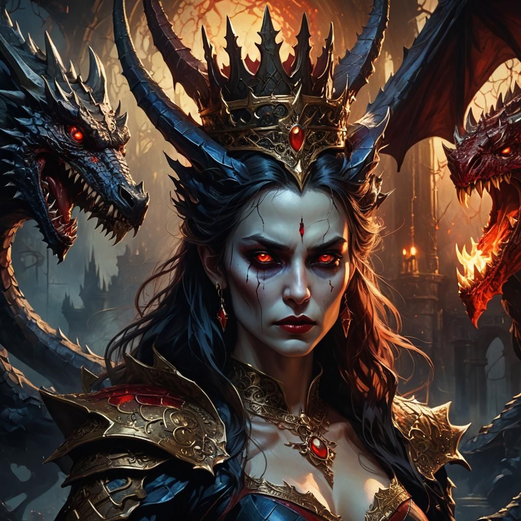 Vampire Queen with Dragon in Dark Fantasy Style