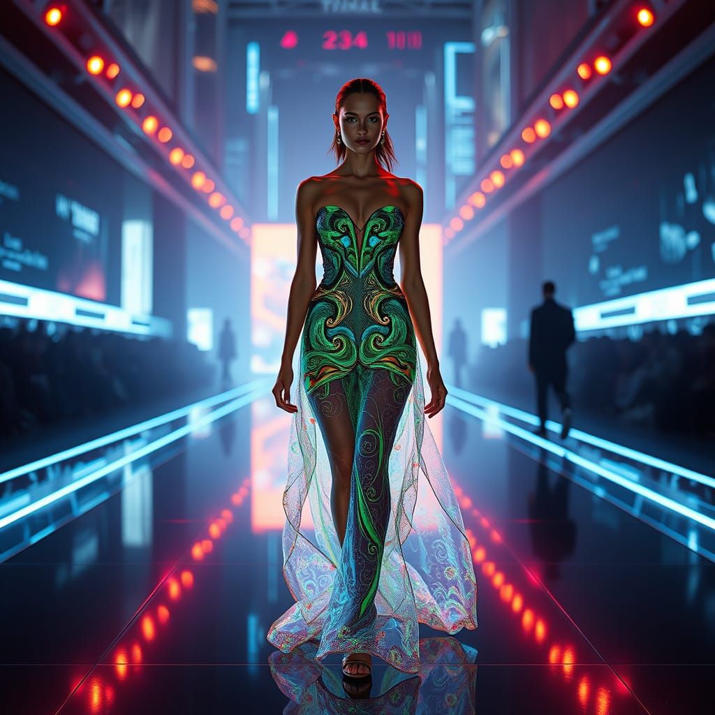 Sleek Futuristic Fashion Model Walks Radiant Catwalk