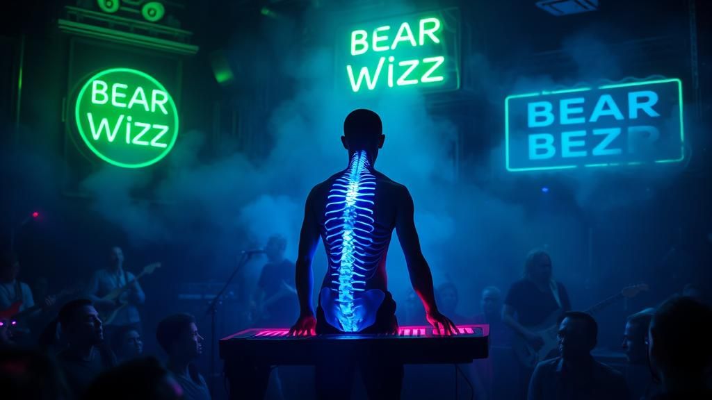 Neon Spine Keyboardist in Alien Club, Surreal Art