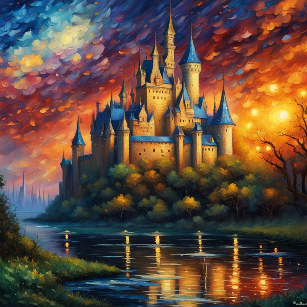 Fantasy Castle Close-Up in Palette Knife Oil Painting