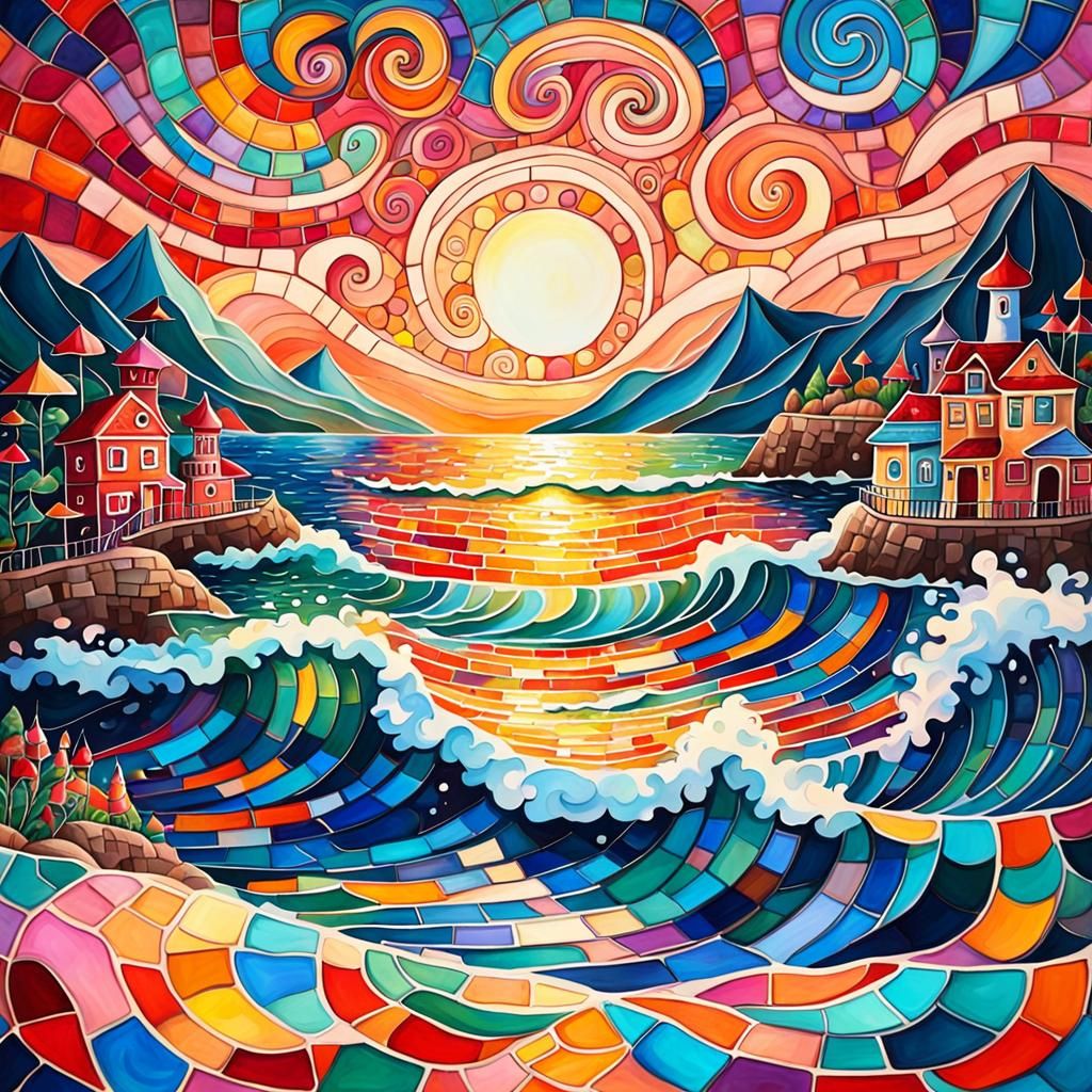 Vibrant Mosaic Sunset over the Sea