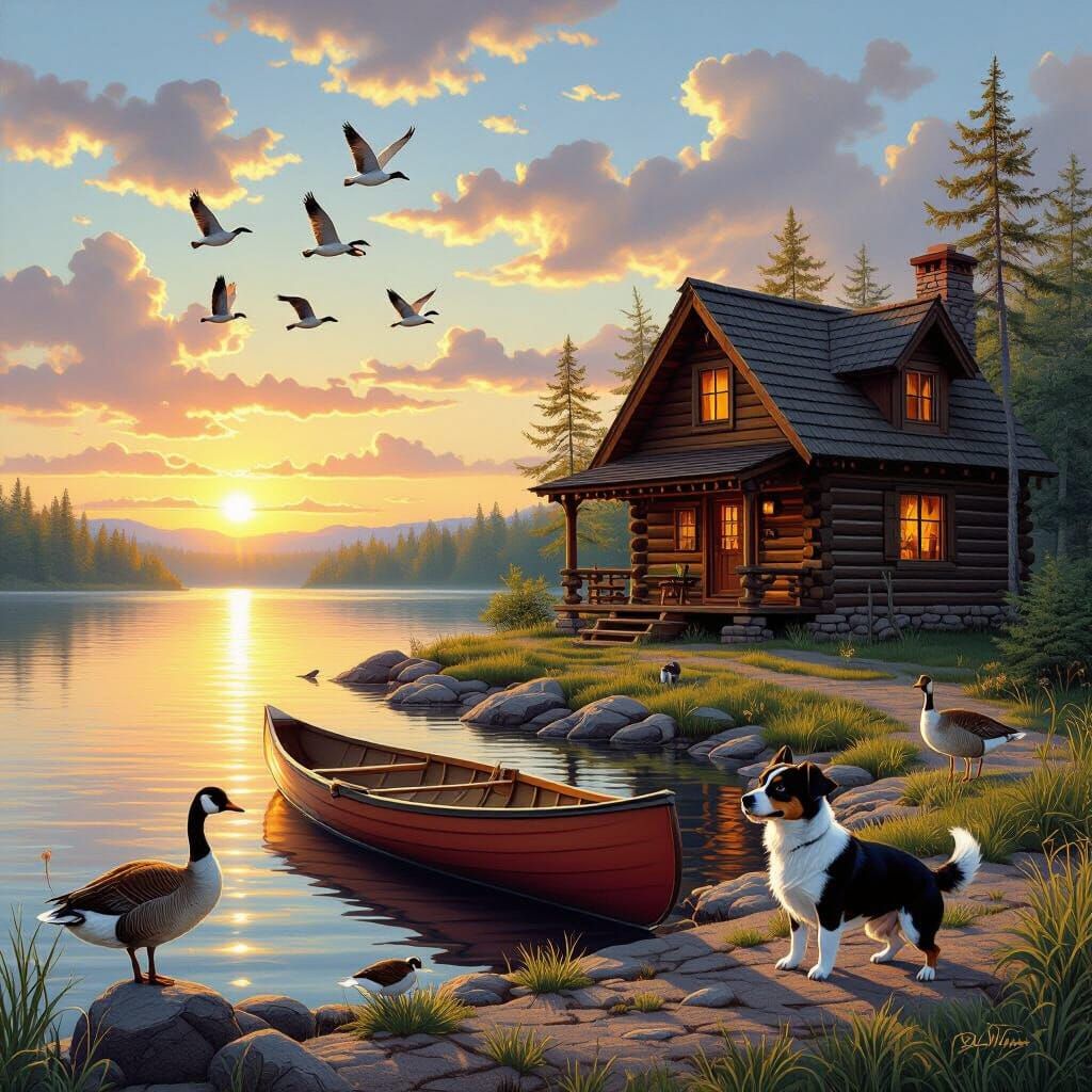 Cozy Lakeside Cabin at Dawn in Detailed Matte Painting