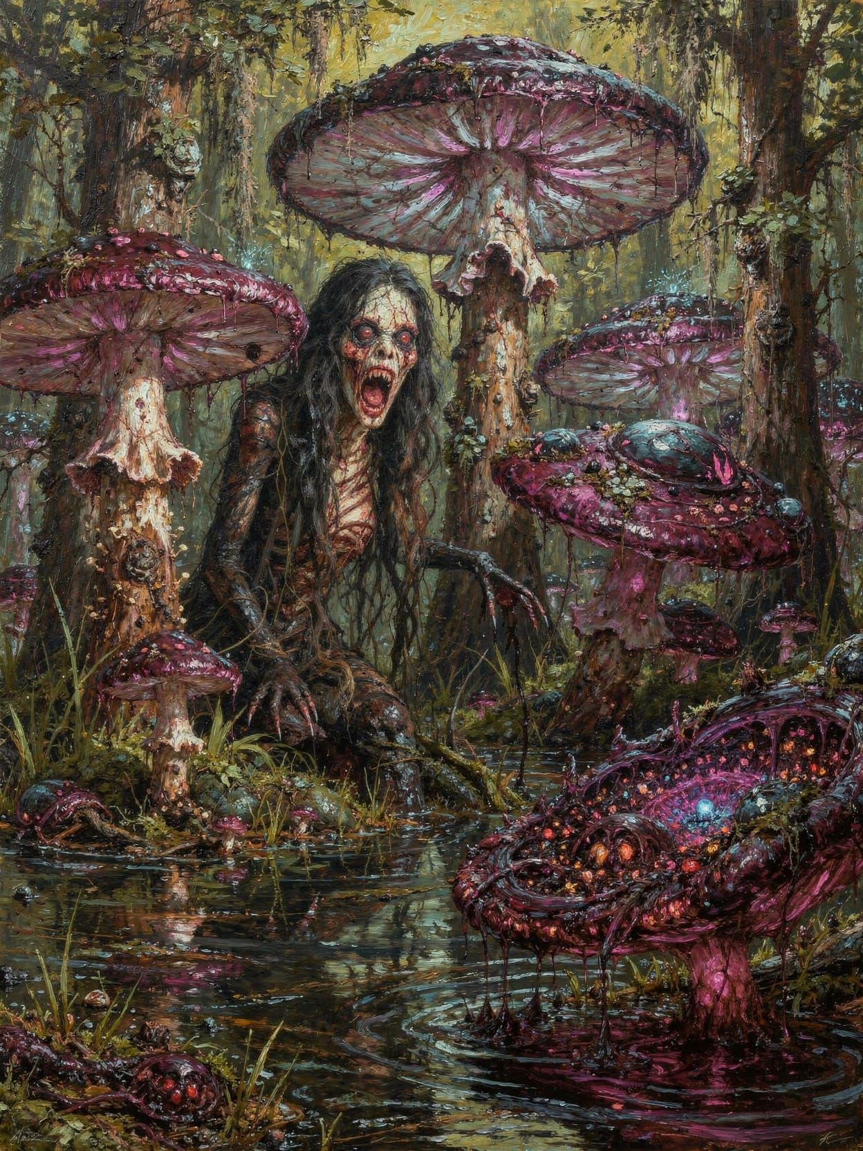 Surreal Swamp Mushrooms in Impasto Oil Painting Style