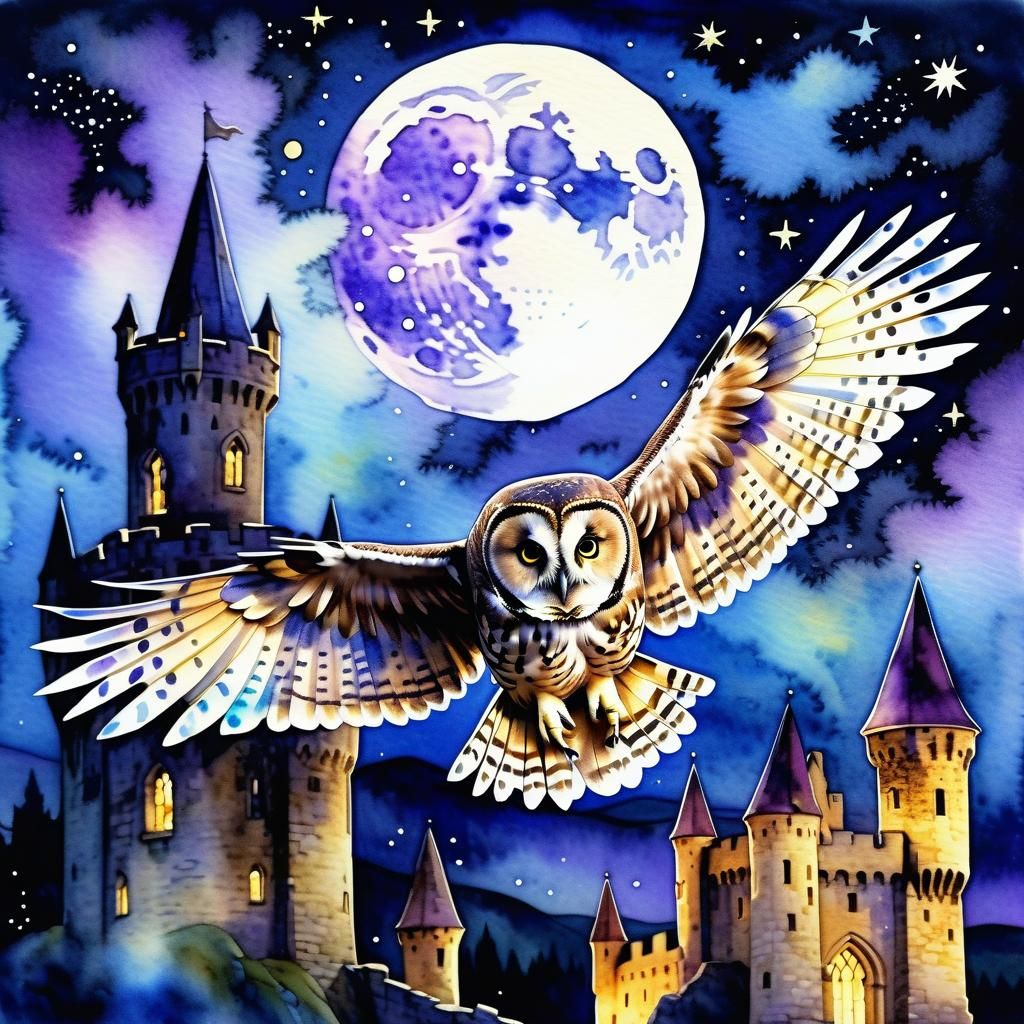 Cosmic Owl in Flight: Watercolor Starry Night