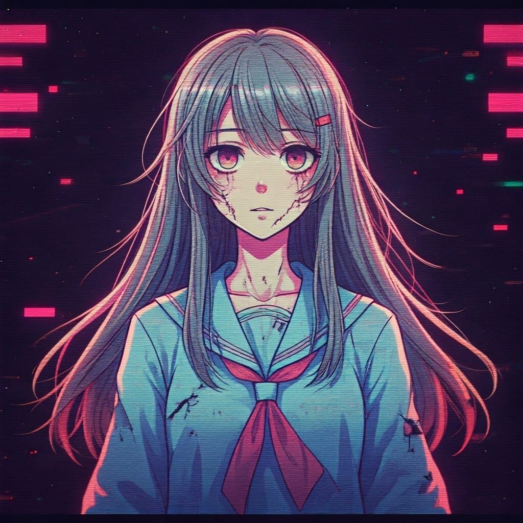 Distressed Anime Girl in Neon Dreamscape