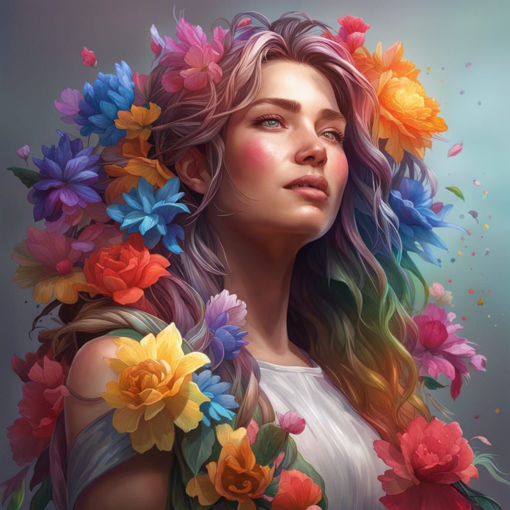 Rainbow Flowers Portrait in Art Nouveau Style