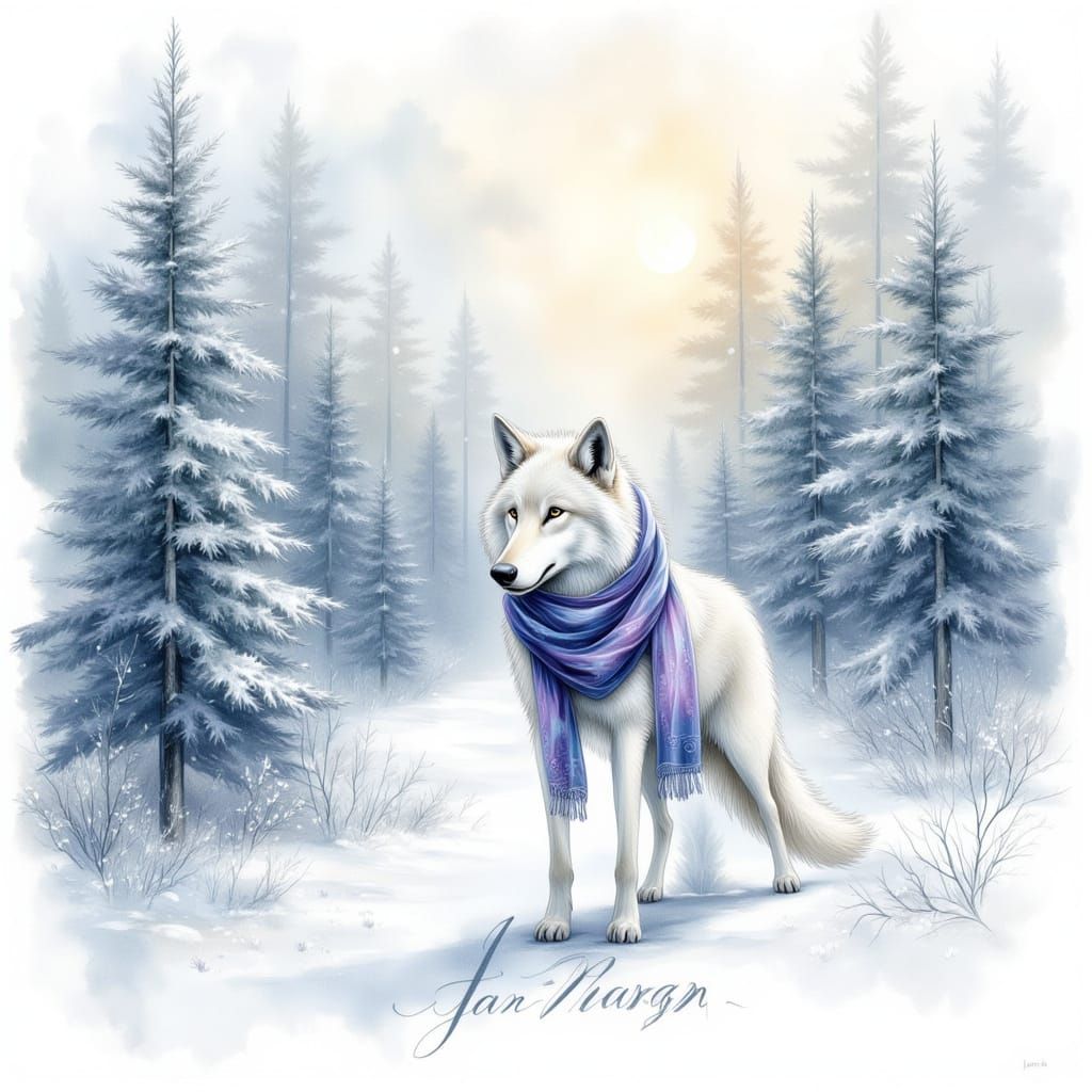 Watercolor Winter Scene with Wolf in Snowy Forest