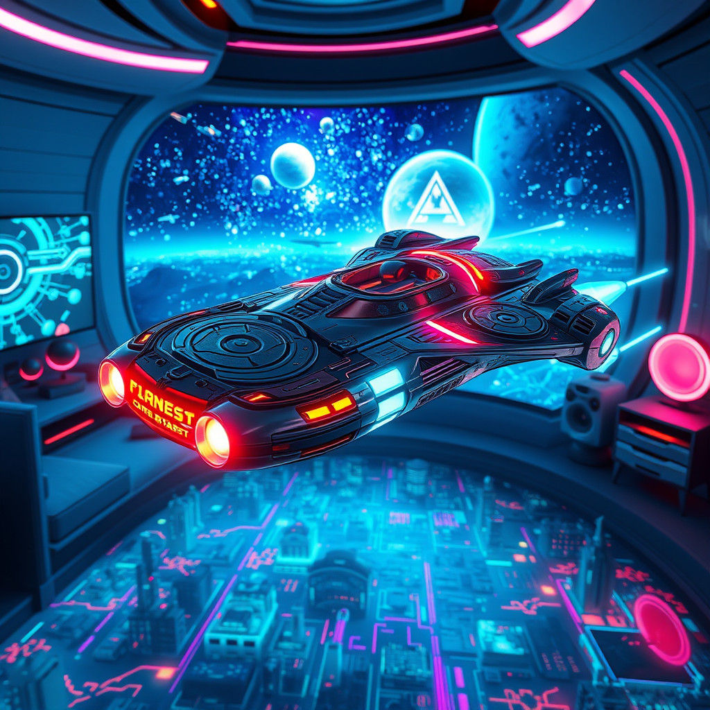 Futuristic Toy Spaceship Soaring in Cyberpunk Room