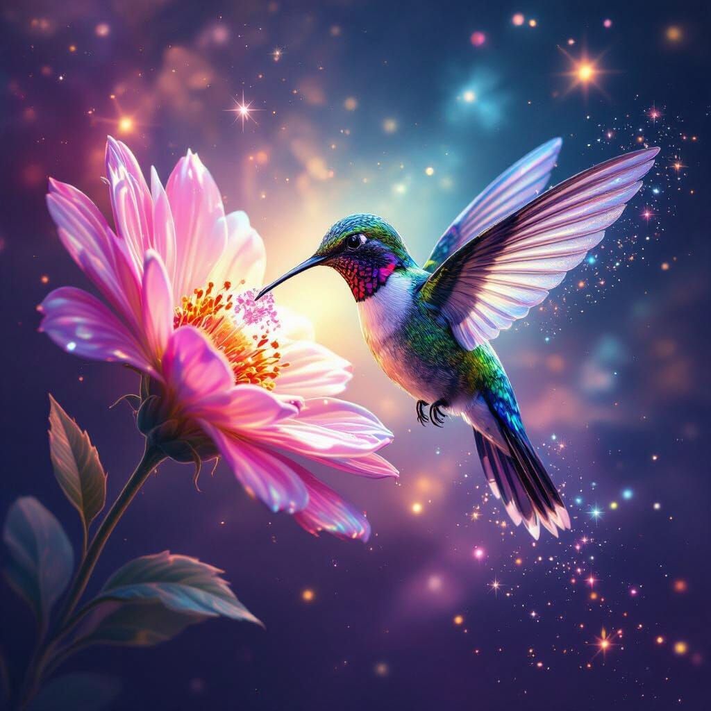Crystal Hummingbird Sipping Nectar in Nebula as Holographic ...