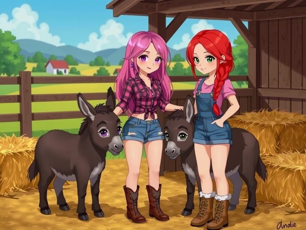 Two Women Pet Donkeys in Paddock