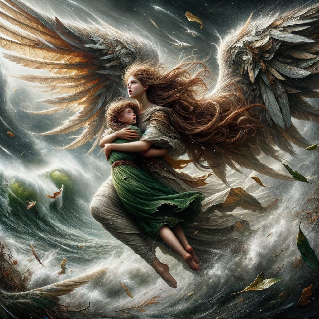 Angel Protecting Girl in Tempestuous Storm
