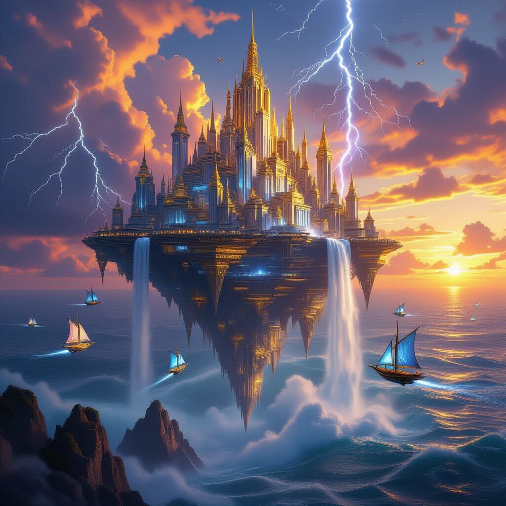 Colossal Crystal City Above Stormy Ocean at Sunset