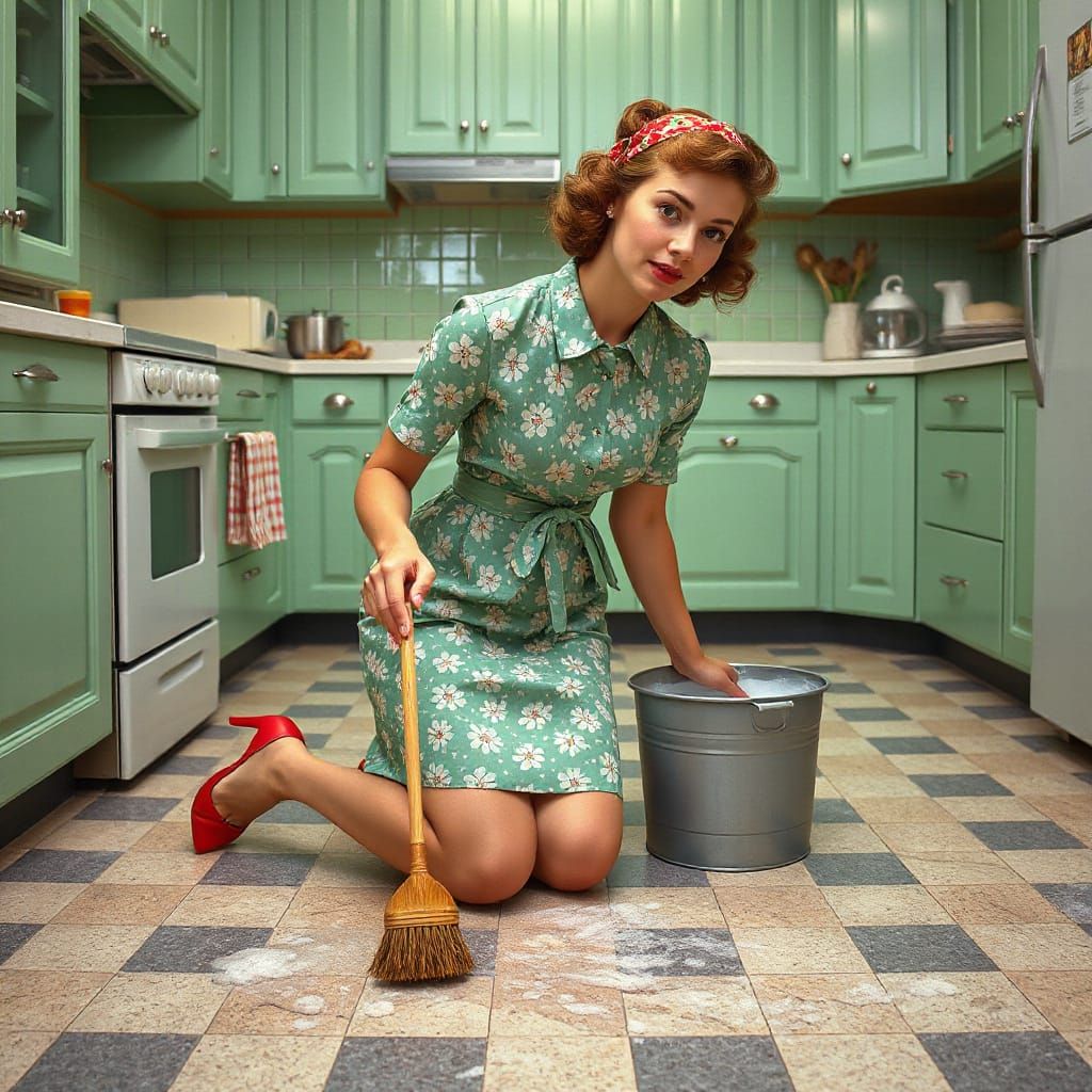1950s Housewife Scrubbing Floor, Hyperrealistic Digital Art