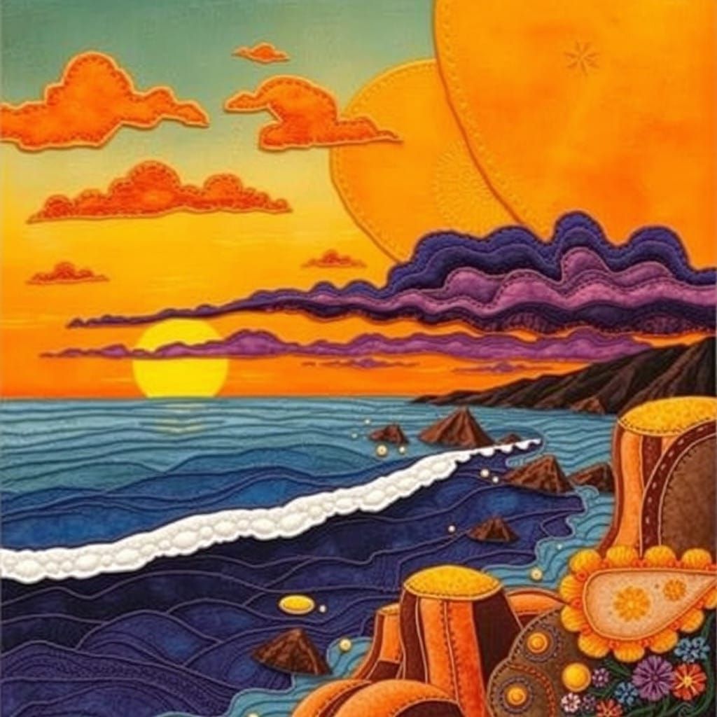 Whimsical Sunset Collage in Textile Art Style