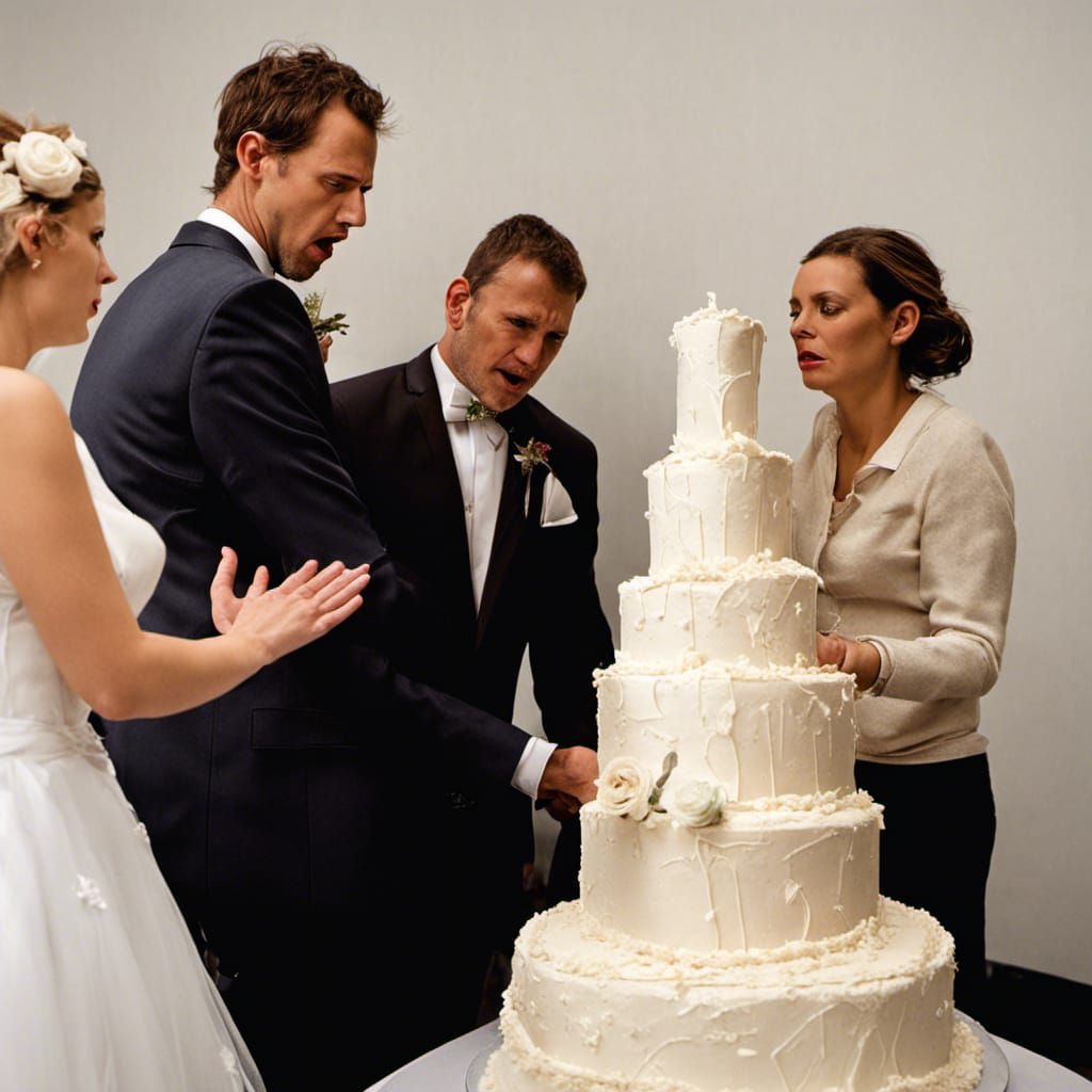 Surreal Wedding Scene: Cake Revelation