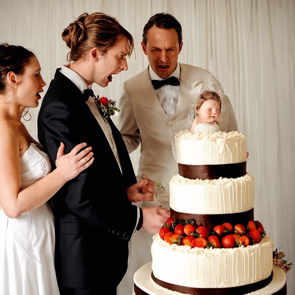 Surreal Wedding Scene: Pregnant Woman Emerges from Cake