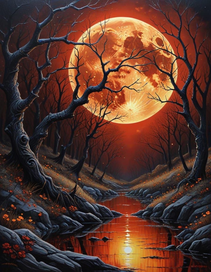 Macabre Moonlit Mystery in Acrylics with Red Highlights