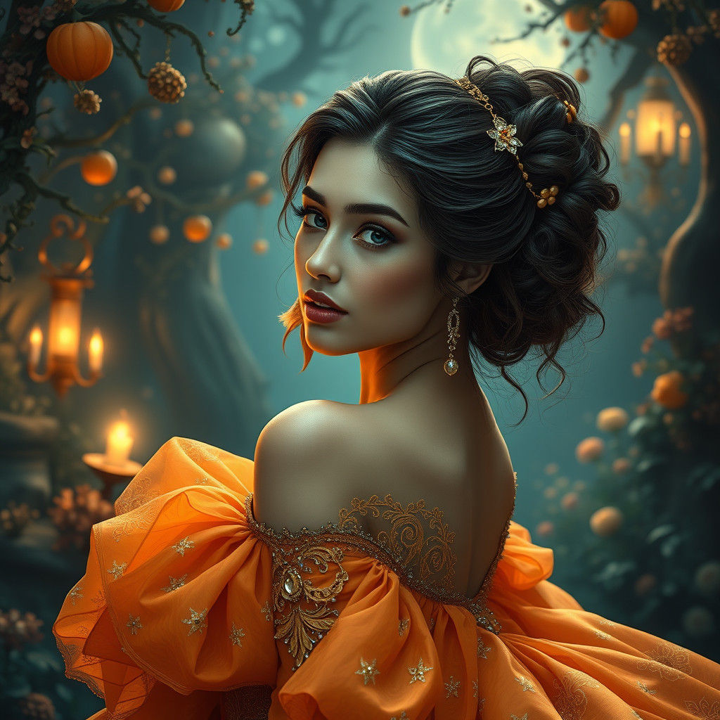 Woman in Orange Ballgown in Moonlit Garden