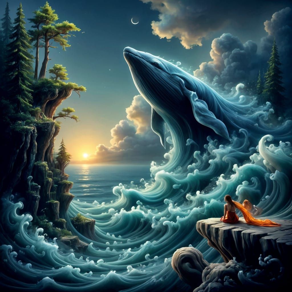 Shaman Plays Flute to Majestic Whale Rising From Sea
