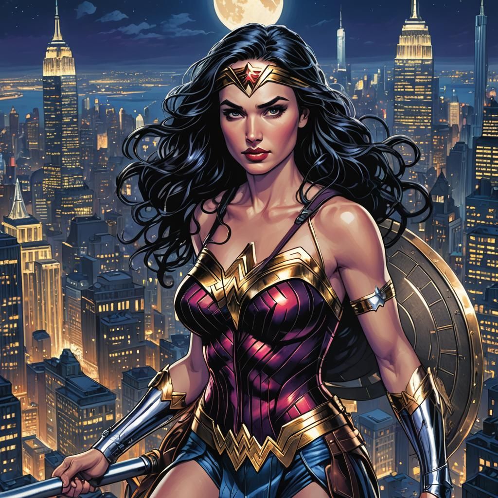 Wonder Woman on Empire State Building in Comic Art