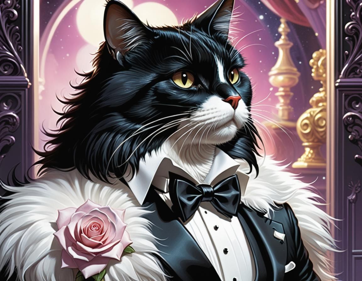 Tuxedo Cat Glamour Shot in Comic Book Art Style