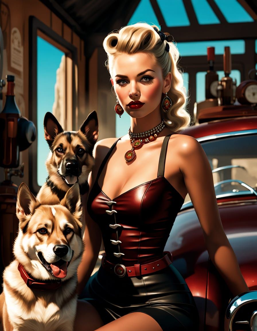 Glamorous 1950s Pin-Up Woman on Beach in Red Dress