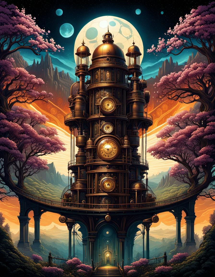 ASCIIrealistic illustration, steampunk landscape in spring, digital illustration, centered, symmetry, painted, intricate...