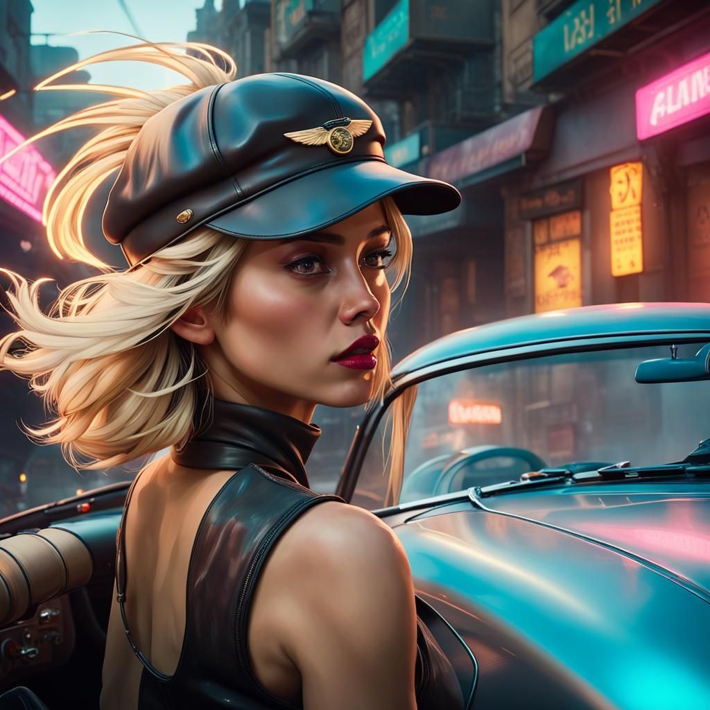 Woman Driving Aston Martin in Cyberpunk Style