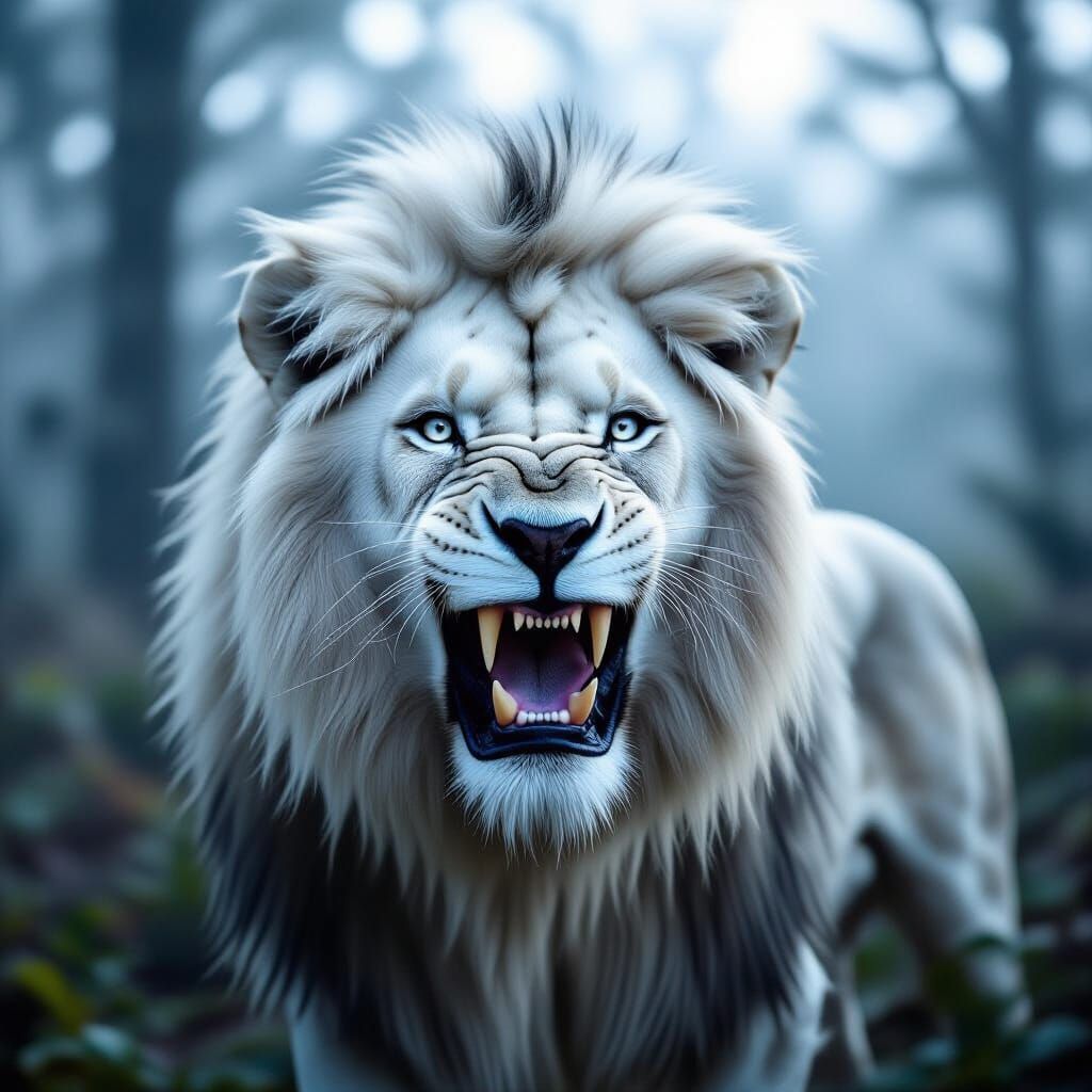 White Lion Baring Fangs in Misty Forest