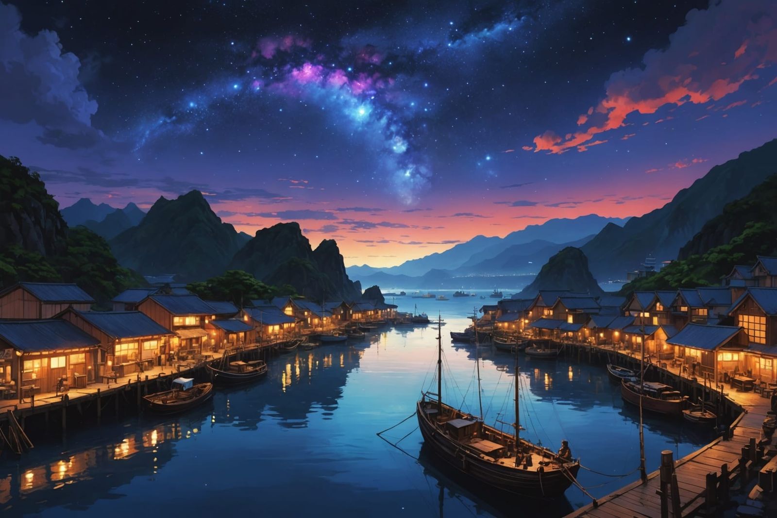 Nebula Over Hawaiian Harbor: Fantasy Manga Ink Painting