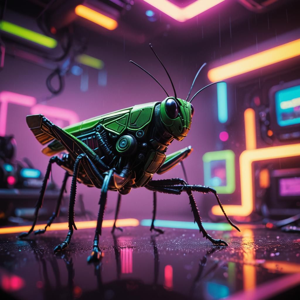 Cyberpunk Grasshopper Toy in Futuristic Room