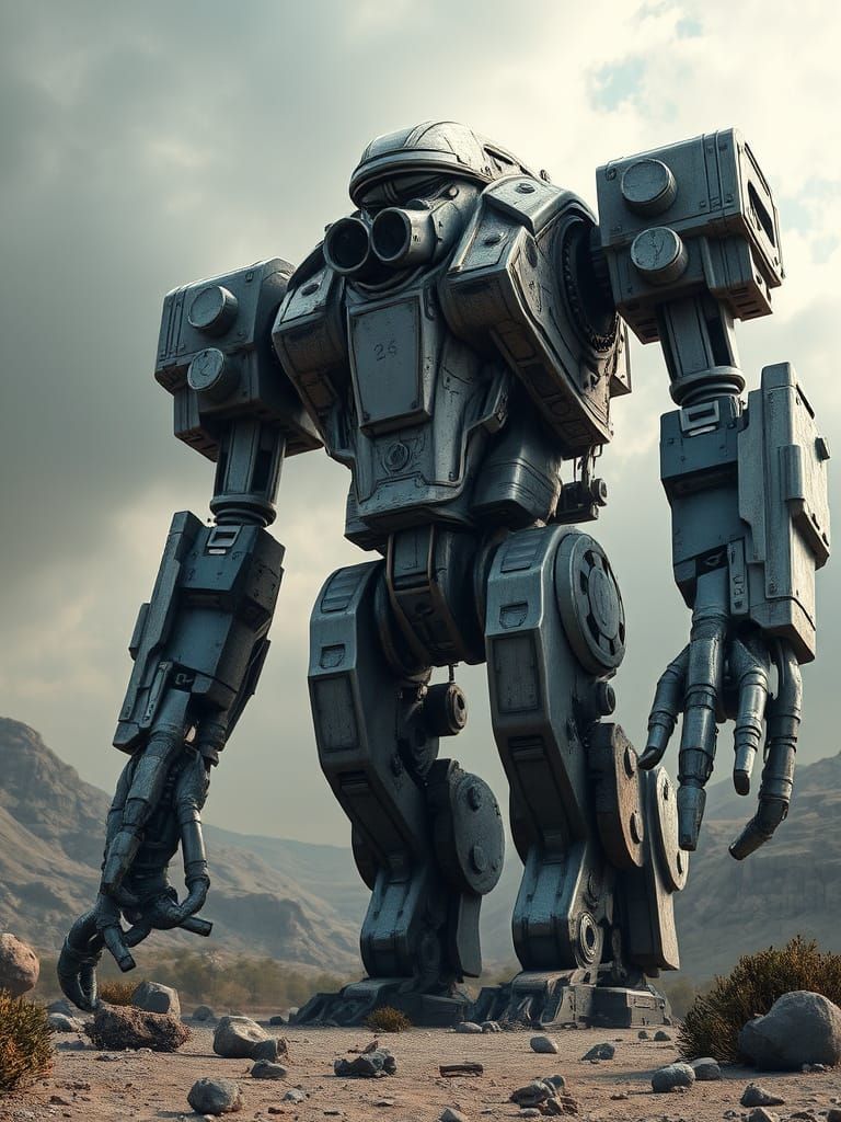 Gritty Futuristic Robot in Post-Apocalyptic Landscape, Inspi...