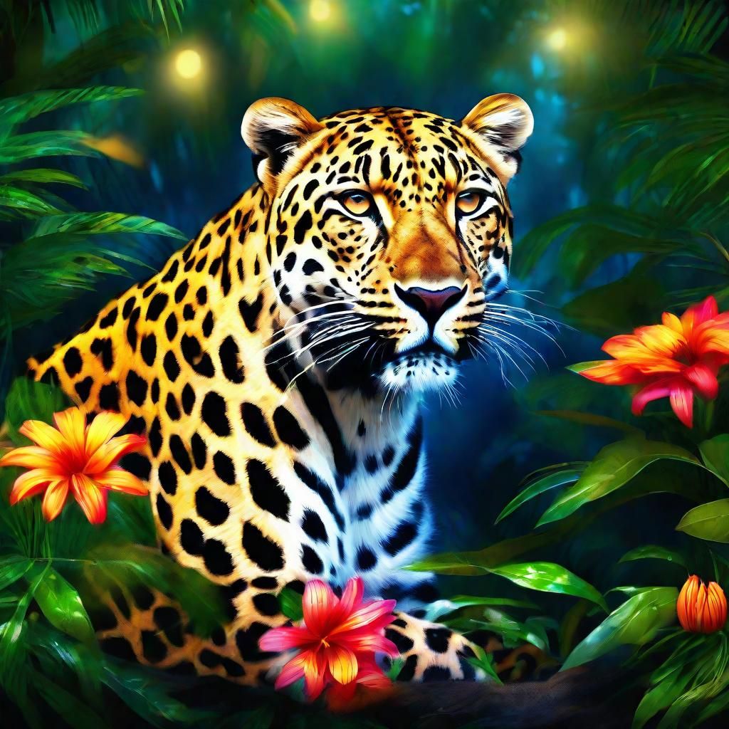 Moonlit Leopard in Tropical Jungle, Holographic Art