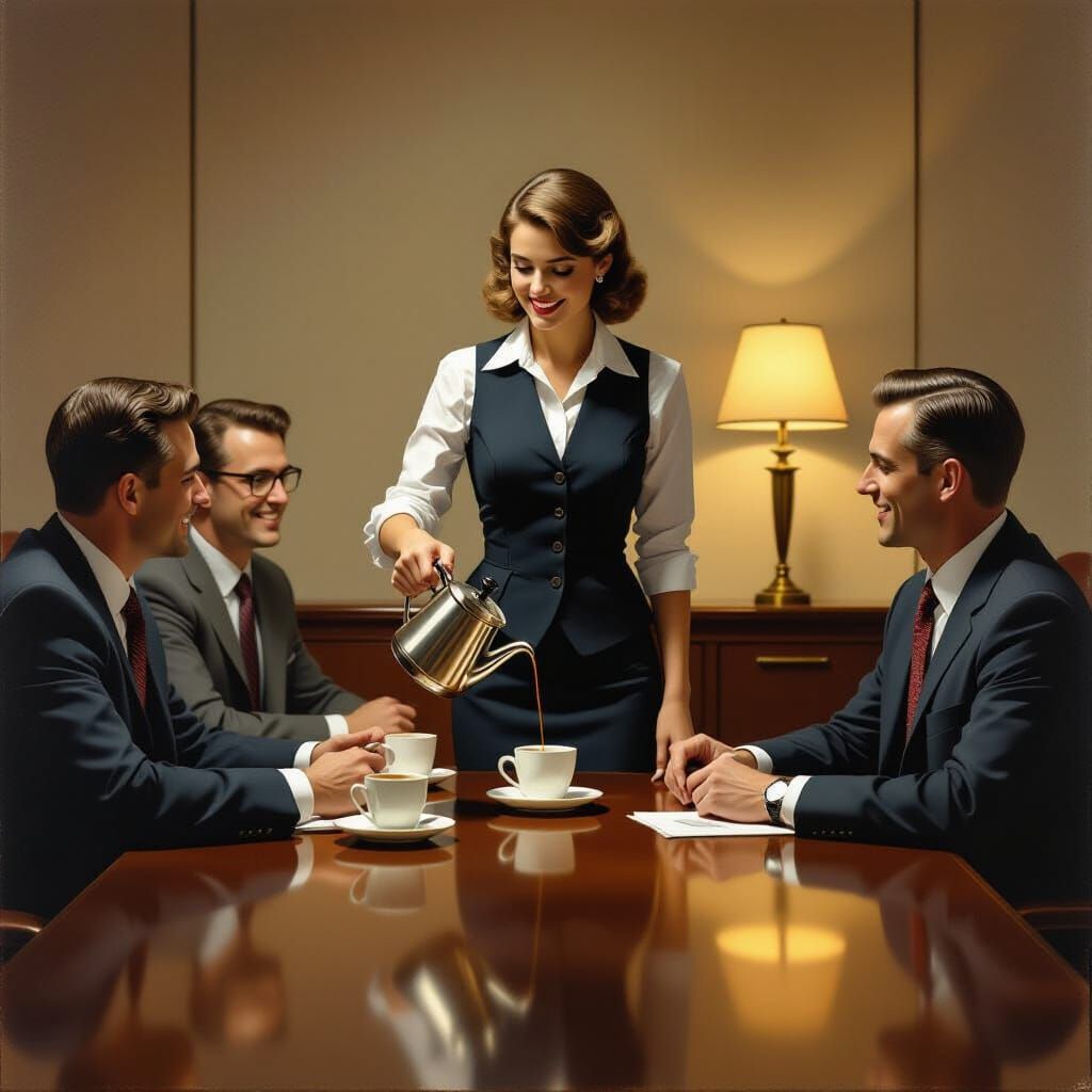 Nervous Professional Serves Coffee, Rockwell Style