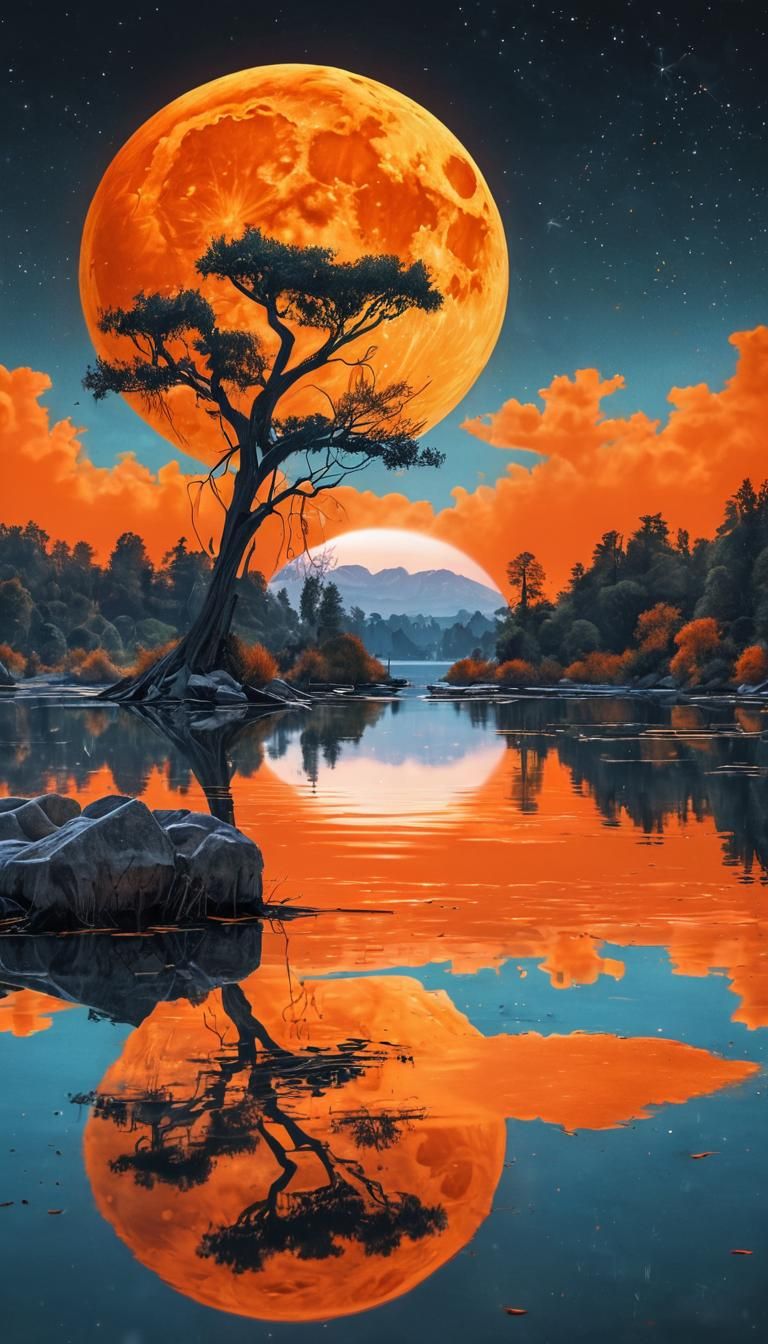 Orange Moon Reflection in Haze: Graffiti Art