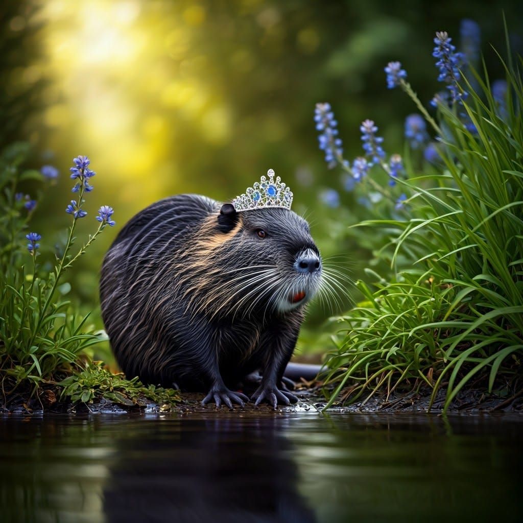 Black Nutria with Tiara in Wildlife Photography Style