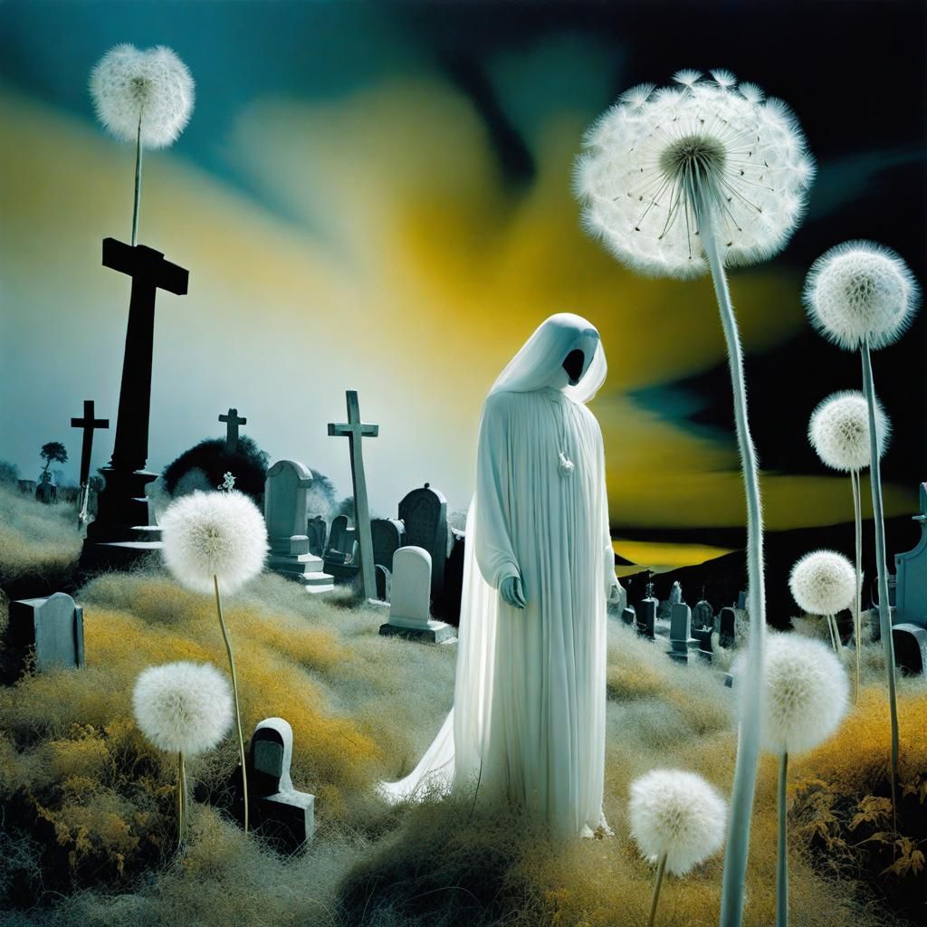 Ghostly men , wild hunt , infrared photography ,clothed in light and luminous silk, apparitions in a graveyard dreamsca...