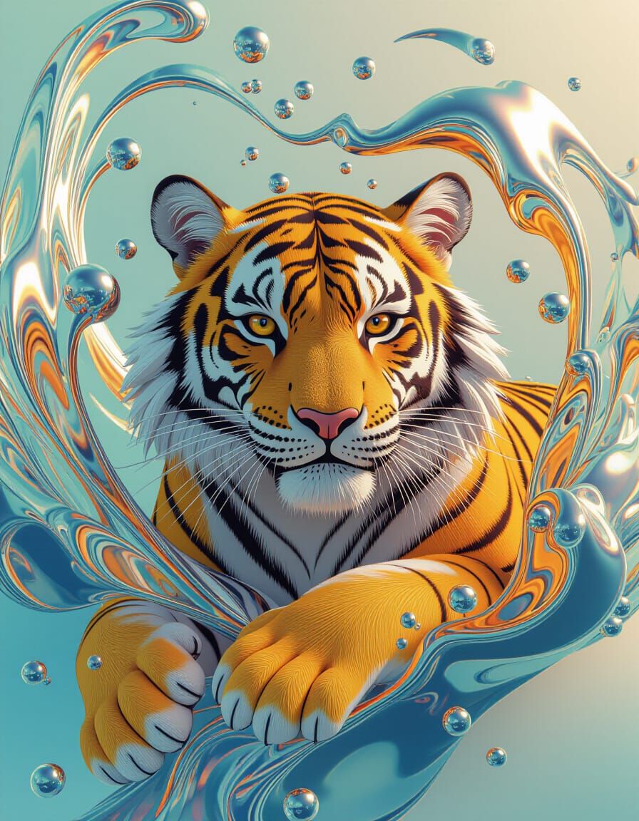 Vibrant Tiger in Swirling Fluid 3D Digital Art